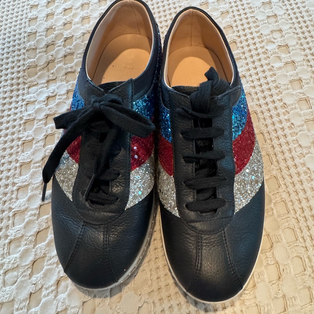 Gucci Black Sneakers with Red, Blue, and Silver Stripes